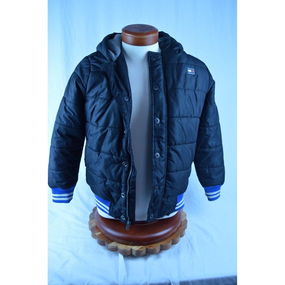 Tommy Hilfiger Boys' M 10/12 Fleece Lined Hooded Puffer Jacket, Black, Blue Trim